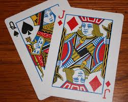 2 playing cards: Queen of Spades and Jack of Diamonds playing cards equal a pinochle