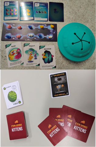 Game pieces from Abducktion game and cards from Exploding Kittens game.