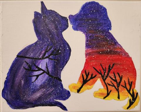 Painting of cat outlined evening sky and dog outlined sunset sky.