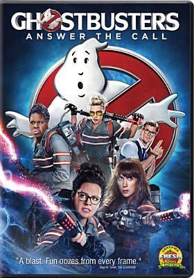 Staypuff Marshmallow Man and the new team of Ghostbusters on cover of DVD
