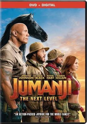 Four actors and a horse on the cover of the movie DVD for Jumanji