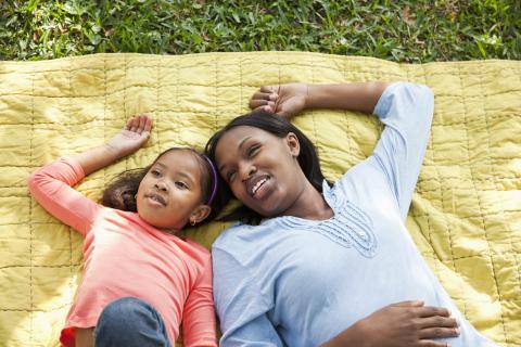 mother and daughter lying down on blanket outside