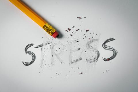 The word stress being erased by a pencil