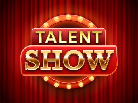 Gold and red letters that read "talent show" over a circle of lights and a red curtain