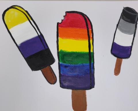 Three popsicles in pride color schemes.