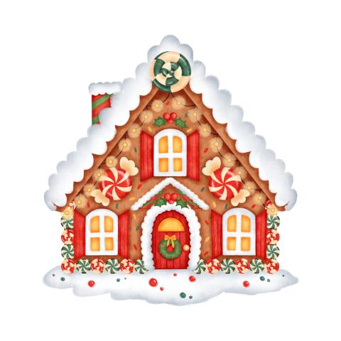 Gingerbread house with frosting and candies decorating it.