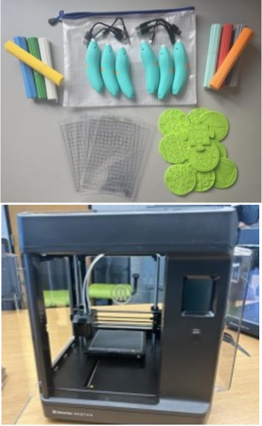 Top Picture: A couple 3D Smart+ pens with stencils and colored filaments. Bottom picture: 3D Printer