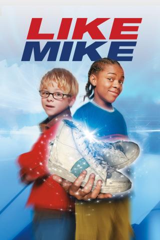 Like Mike Movie Poster. Two boys standing back to back. One is holding magic shoes. 
