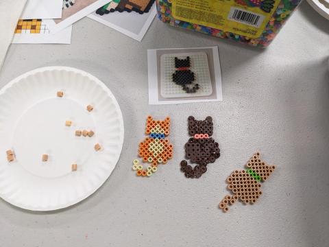 3 Perler bead cats, design, plate with loose beads