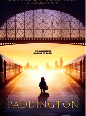 Paddington movie poster. A teddy bear walking through an empty train station.