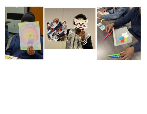 Adults showing their art projects