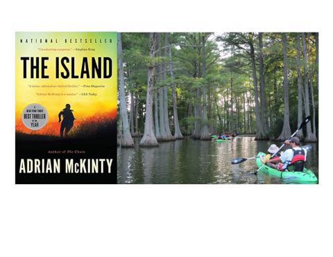Cover of "The Island" by McKinty and kayakers at Lake Lawson/Smith
