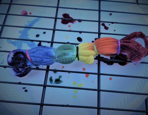 Bag tied with several rubber bands on a rack and dyed with purple, blue, green, yellow, orange, and red.