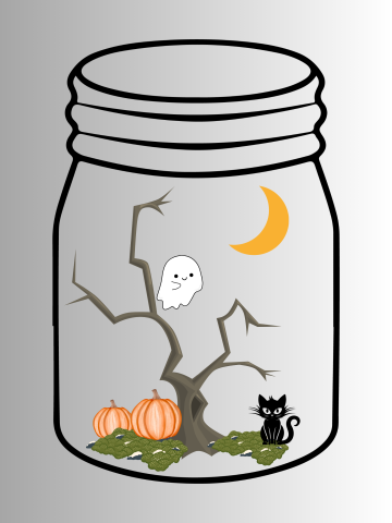 A picture of a jar with a tree, pumpkins, ghost, cat, and a moon inside.