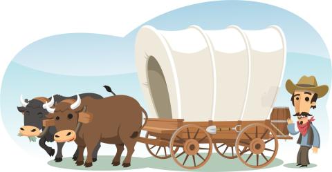 Pioneer with animal drawn wagon, vector cartoon illustration