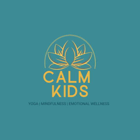 Calm Kids yoga logo in yellow on green background. 