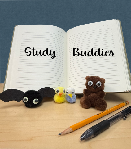 Open book with the words Study Buddies written on the pages animals made out of pom poms are sitting in front of the book 
