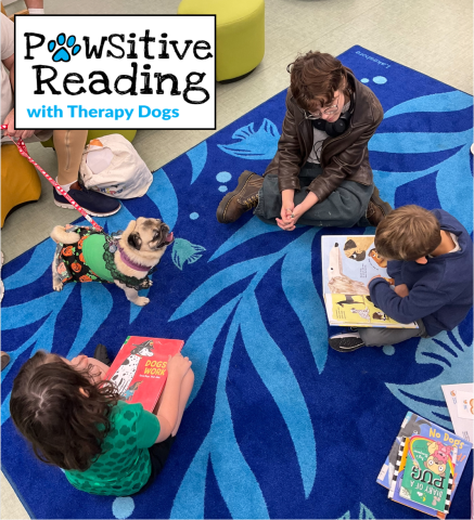 kids sitting with a pug dog one kid reading