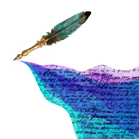 A quill writing text over a colorful background