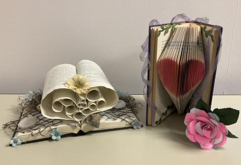 book art with paper quilling in a heart shape and beach theme and heart book art with paper rose and ribbons