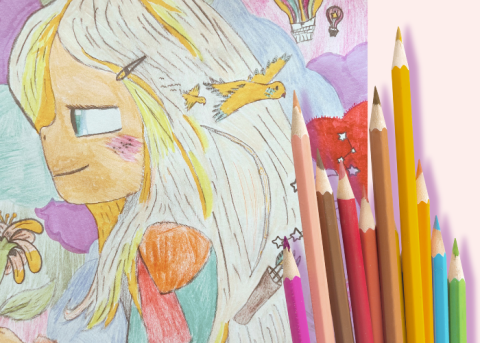 Drawing of a girl with colored pencils on top