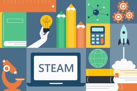 STEAM related objects and artwork against a colorful background