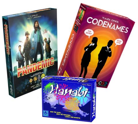 Pandemic board game, Codes Names card game and Hanabi card game