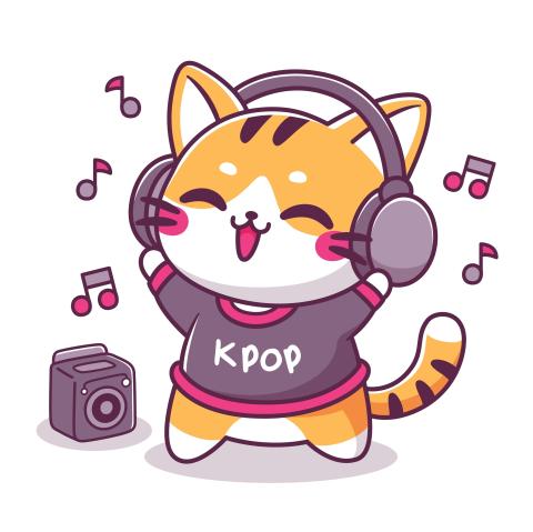Animated cat with headphones and K-Pop shirt