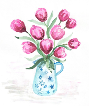 Watercolor painting of pink tulips in a blue pitcher