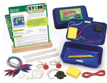 Various electrical wires, blue pencil box, and supplies to make an alarm on the pencil box