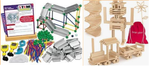 Parts to build a ramp for marbles and wooden blocks