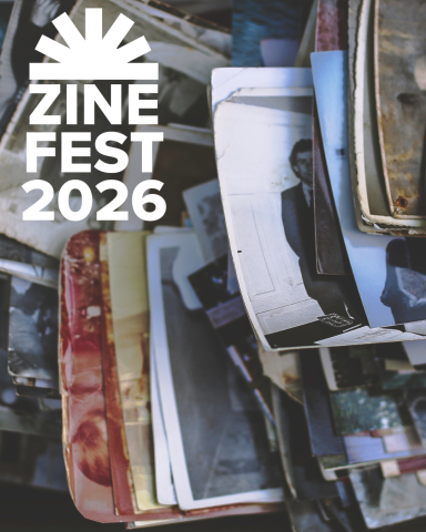 Old photos are stacked on top of each other, the Zine Fest logo is stamped in the corner