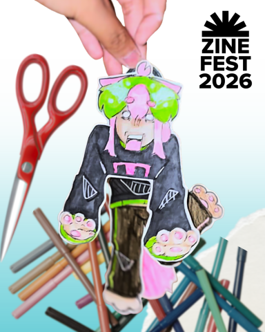 A paper puppet of a character is being dangled by a hand with art supplies in the background, as well as the Zine Fest logo