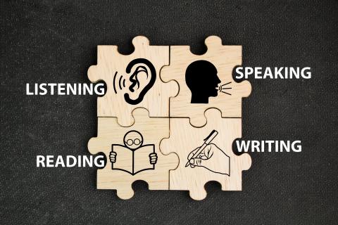 Four puzzle pieces showing listening, reading writing and speaking.