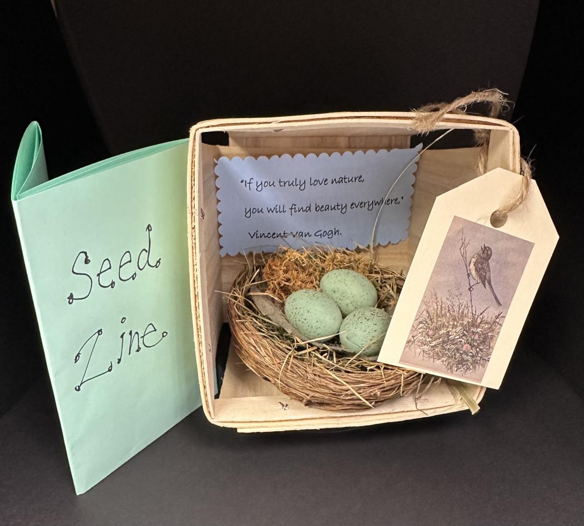 Seed zine with basket holding nest with eggs