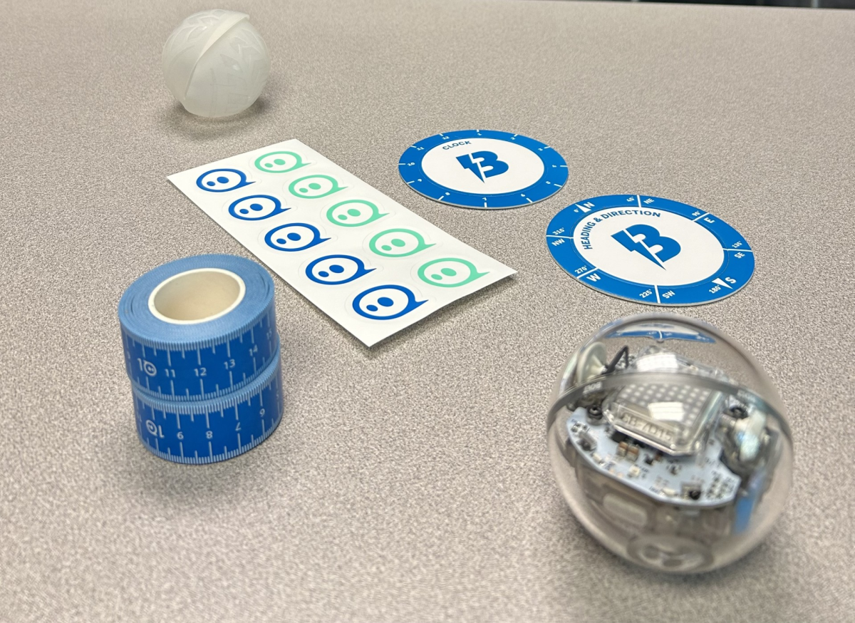 Sphero bolt, painters tape, stickers, silicone case, measuring circles