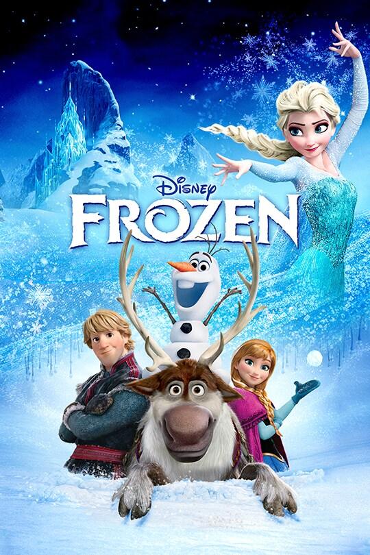 Movie poster for Frozen with characters posing in snowy landscape. 