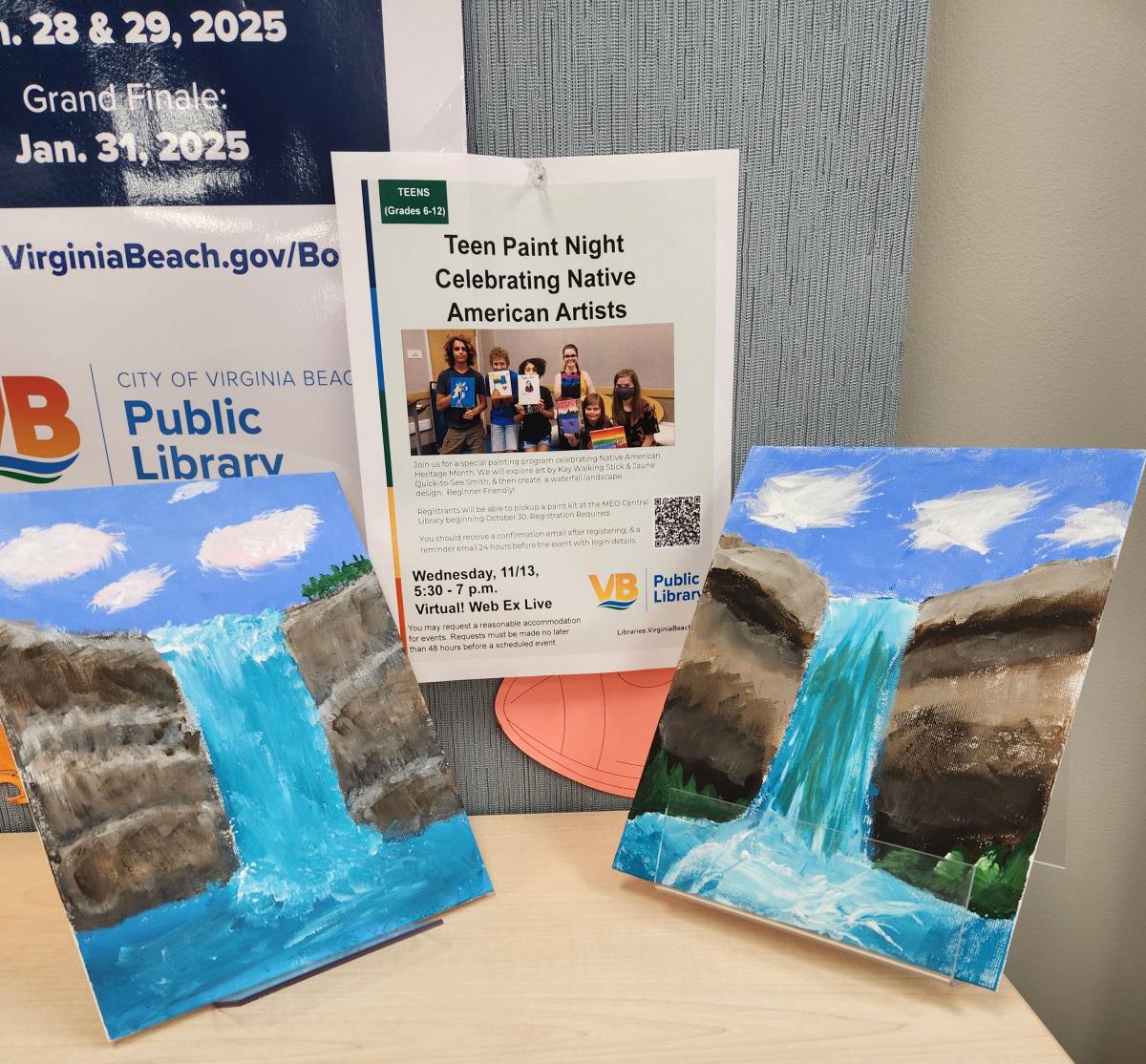 Two hand painted waterfall pictures in front a program flyer. 