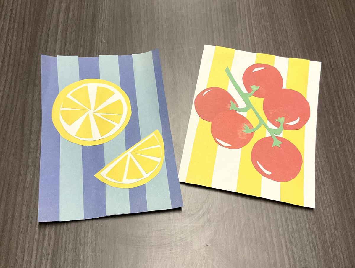 construction paper artwork of lemons and tomatoes