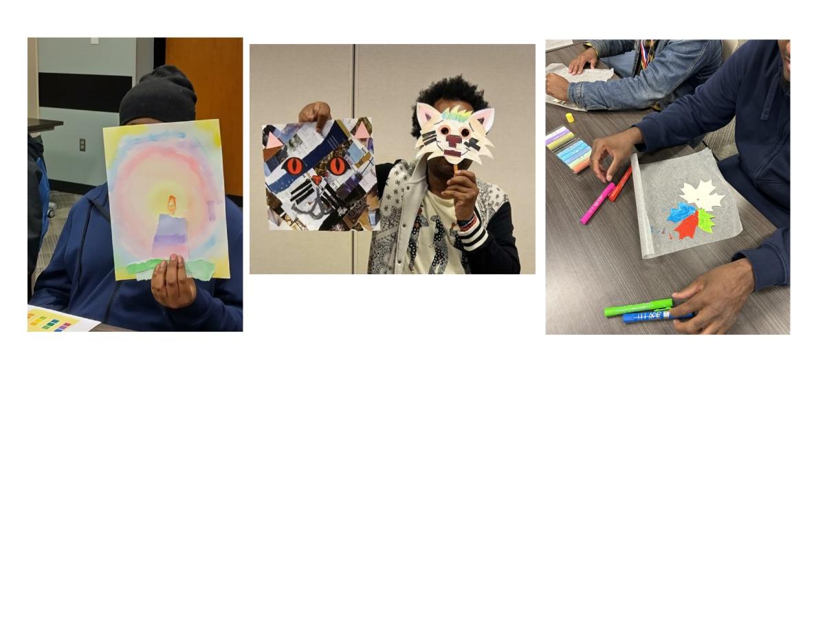 Adults showing their art projects