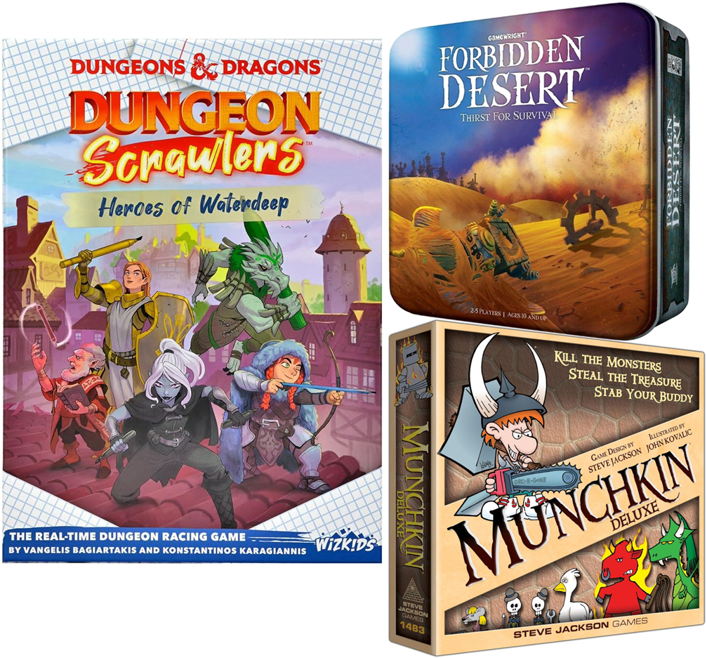 Pictures of game boxes: Dungeon Scrawlers, Forbidden Desert, and Munchkins Deluxe