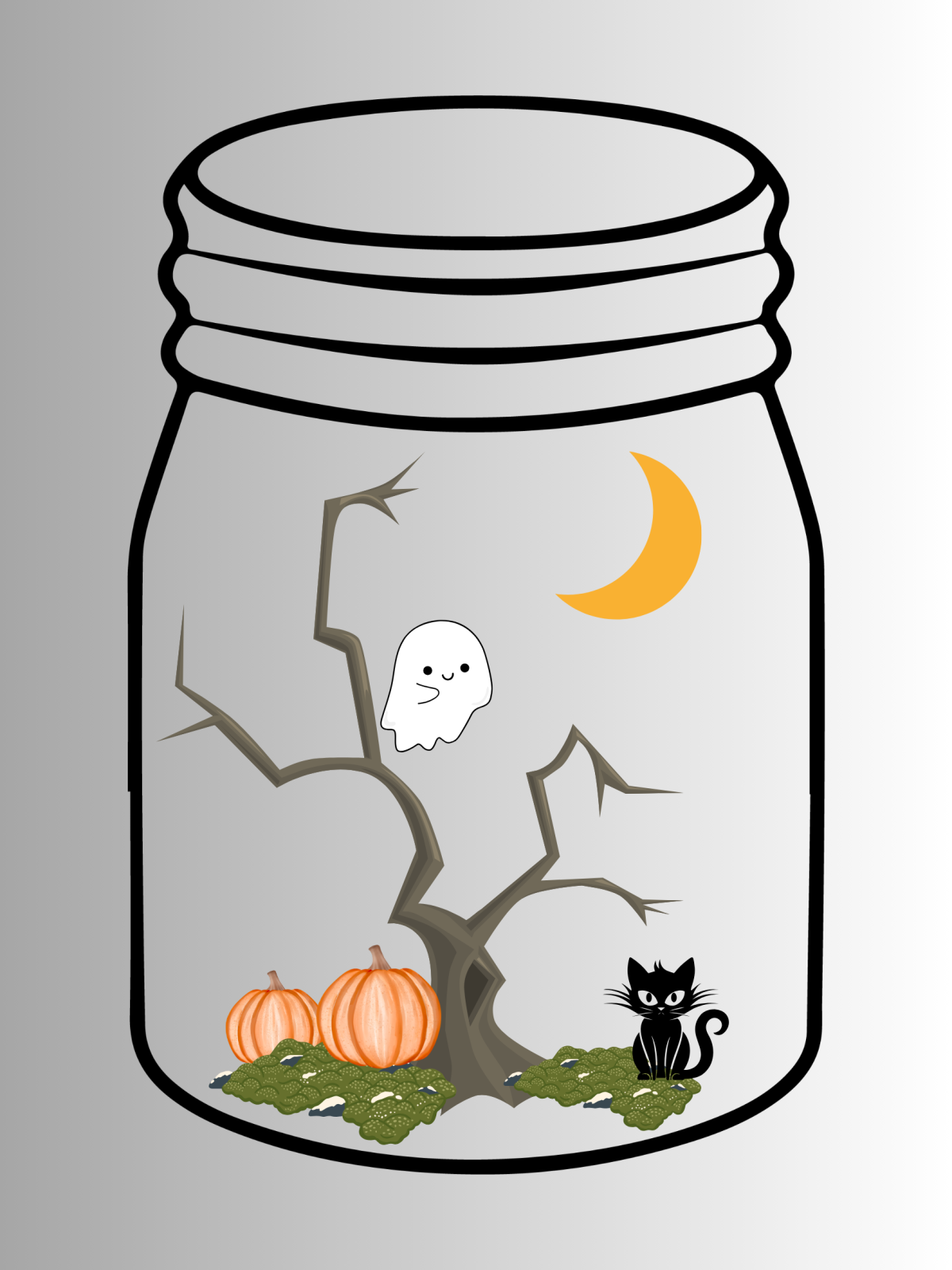 A picture of a jar with a tree, pumpkins, ghost, cat, and a moon inside.