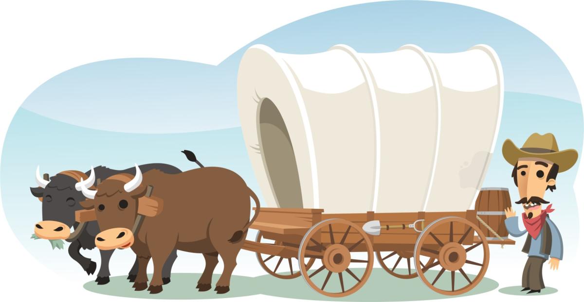 Pioneer with animal drawn wagon, vector cartoon illustration